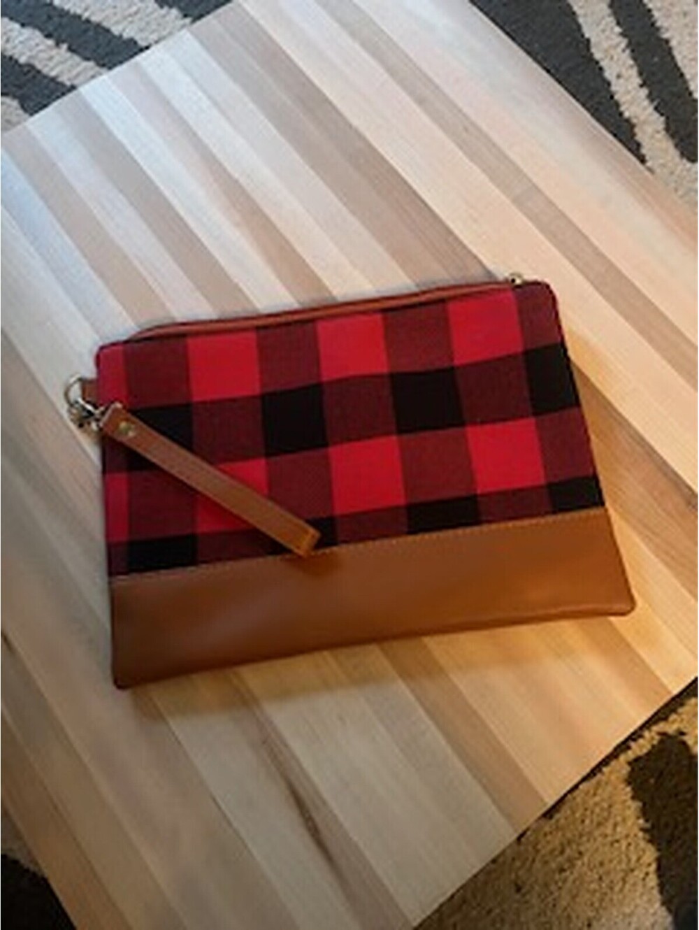 Red Buffalo Plaid and Brown Wristlet Clutch